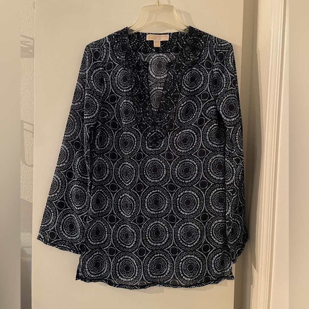 Michael Kors Navy Blue Tunic Top or Swim CoverUp V Neck Long Sleeve